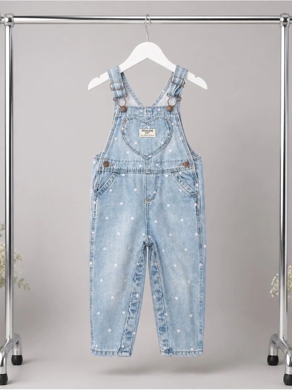 OshKosh B'gosh Light Wash Denim Overalls with White Hearts C